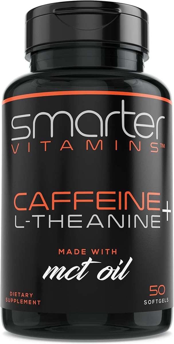 SmarterVitamins 200mg Caffeine Pills - MCT Oil from 100% Coconuts + 100mg L-Theanine, Energy and Focus, Extended Release Capsule, 50 Liquid Softgels