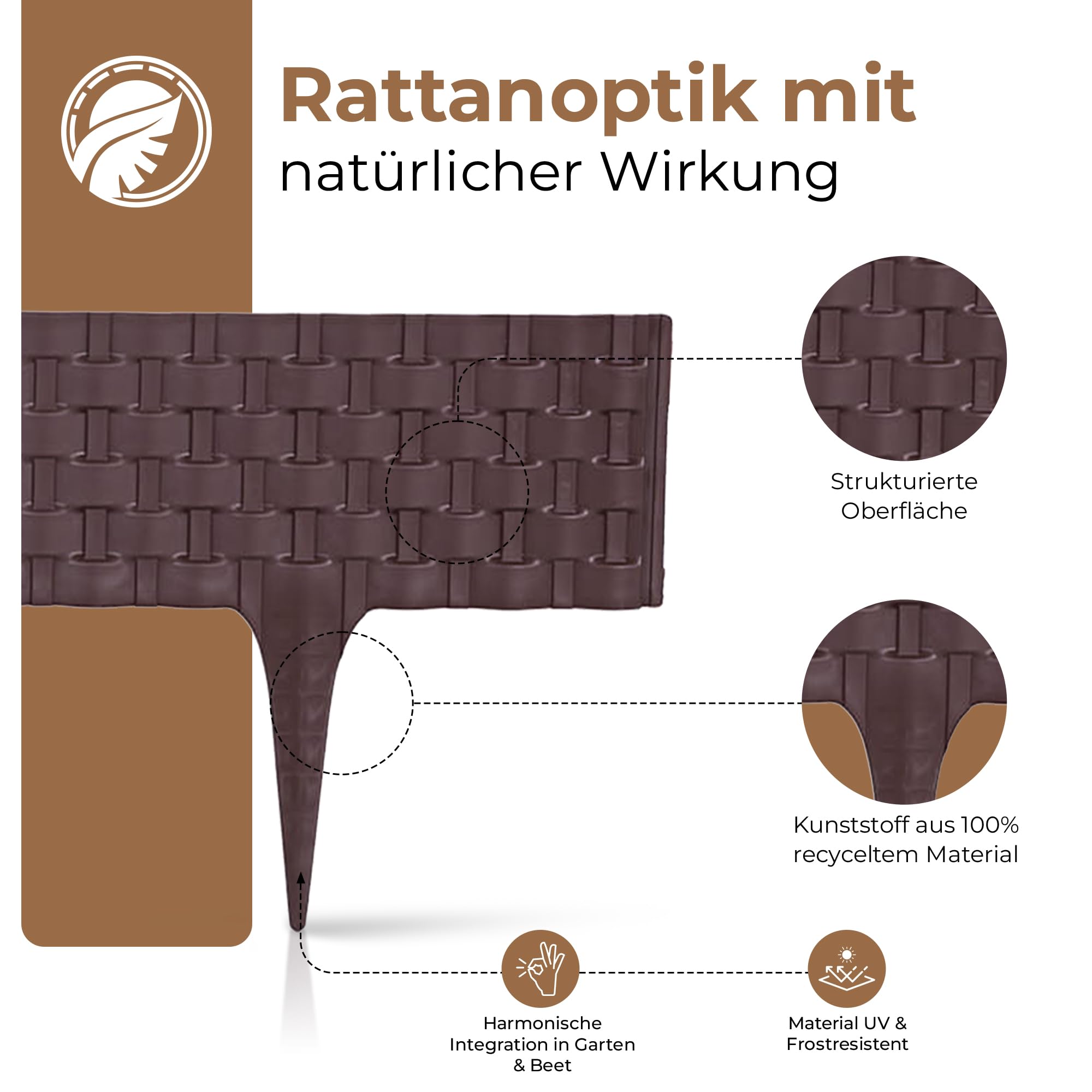 BOOGARDI Beeteinfassung Rattan-Optik · 8m Rasenkante Kunststoff Anthrazit · Beetbegrenzung in 4 Farben · Palisade Beetumrandung für Beet & Garten · Rasenkanten Beetabgrenzung Blumenbeet Umrandung
