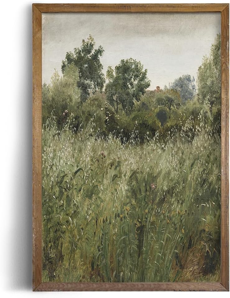Rustic Farmhouse Wall Art Decor - 24x36 Large Unframed Rolled Canvas - Boho Landscape Picture - Spring Summer Cottagecore Nature - French Country Kitchen Print Poster - Green Meadow Tree Oil Painting