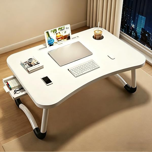 ミニテーブル 折りたたみテーブル ベッド ローテーブル 机 床上桌 60×40×28cm 軽量3kg 耐荷重10kg 安定 防滑 引き出し収納 学習 読書 仕事 ゲーム 食事用 完成品 + 驚きのギフト付き - 1