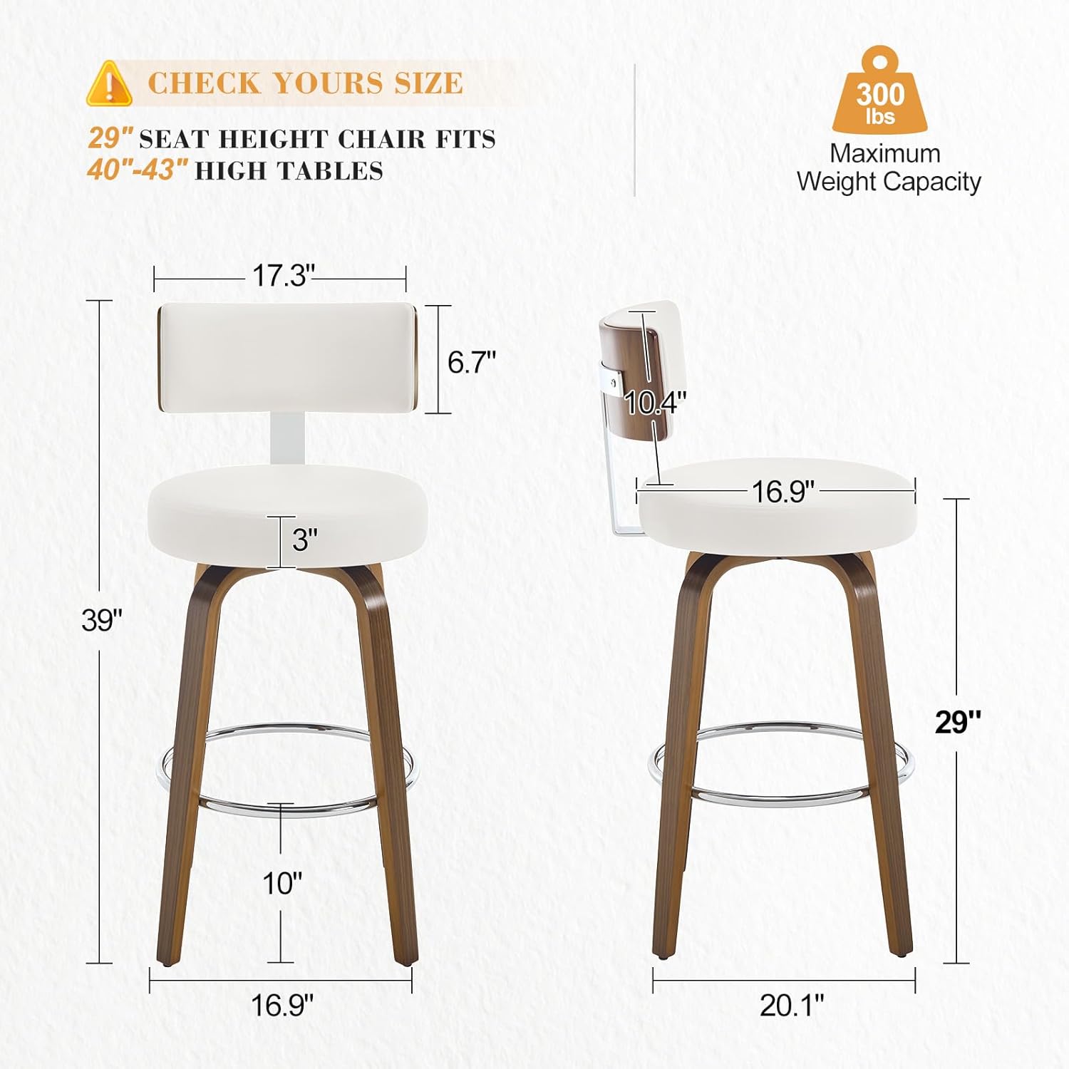 Bekrvio Swivel Bar Height Bar Stools Set of 3, Faux Leather Kitchen Stools Upholstered Barstools with Back, Walnut Wood Legs, Tall Bar Stools for Kitchen Island, 29 inch Seat Height, White