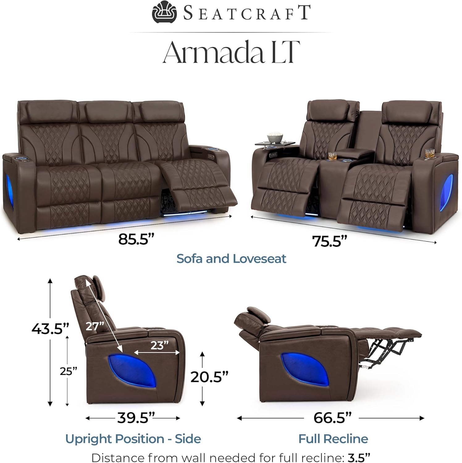 Seatcraft Armada LT Zero-Gravity HeatZero Italian Leather Sofa w/Fold-Down Table & Loveseat w/Storage Console Home Theater Seating, Heat & Massage, Power Headrest, Power Recline, Brown