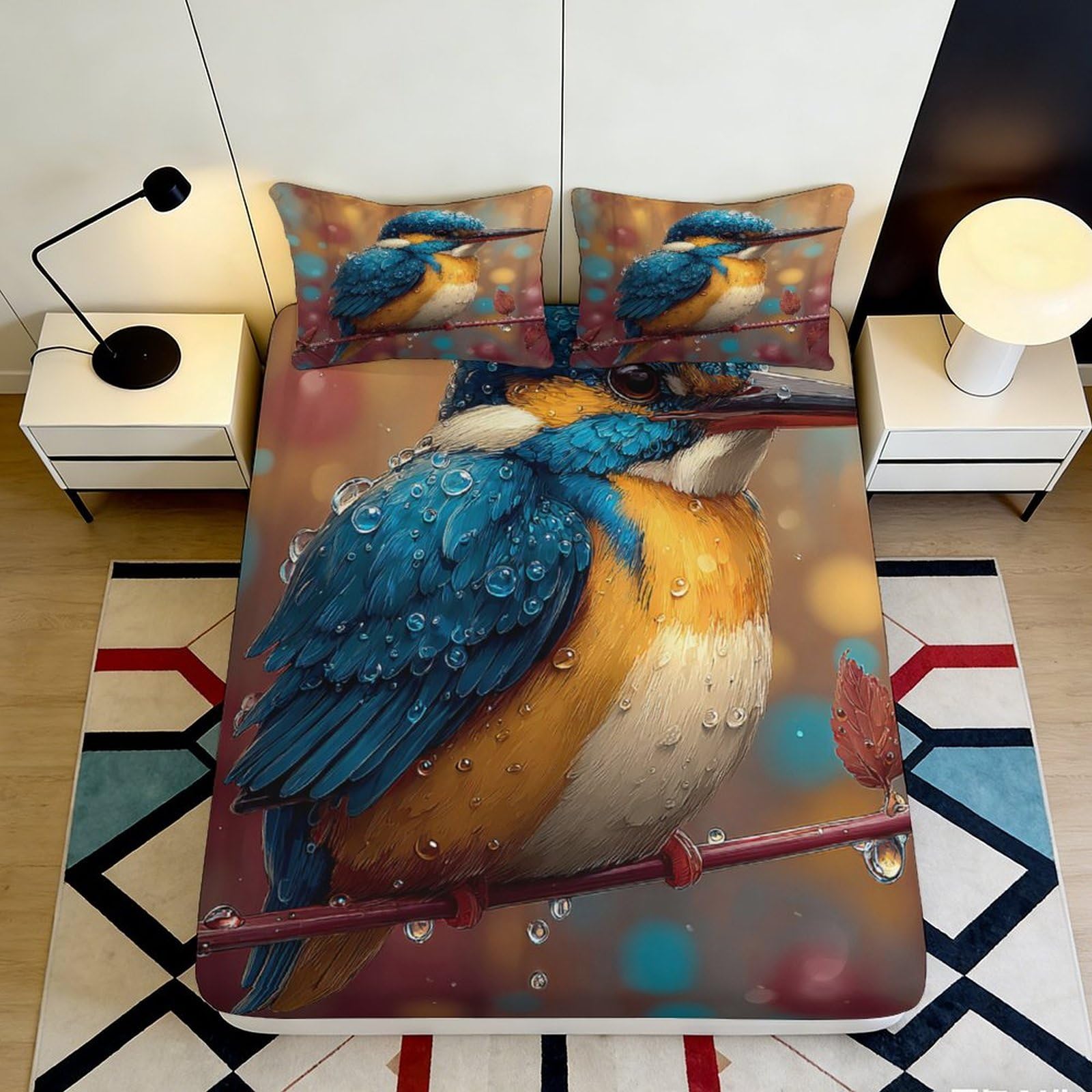 Pnayamiorkfel Style-3 3D Printed Kingfisher Bird Fitted Sheet Microfiber Soft Blue Orange Mattress Cover For Bedroom Decor Dorm Guest Room 90X200x25cm