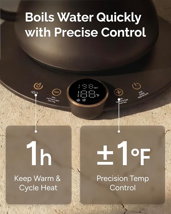 INTASTING Gooseneck Electric Kettle with Precise ±1℉ Temperature Control, Wood-Accented Handle, Stainless Steel Interior, Quick Heating Pour Over Kettle for Coffee & Tea, 0.9L, Matte Grey by intasting - Image 8