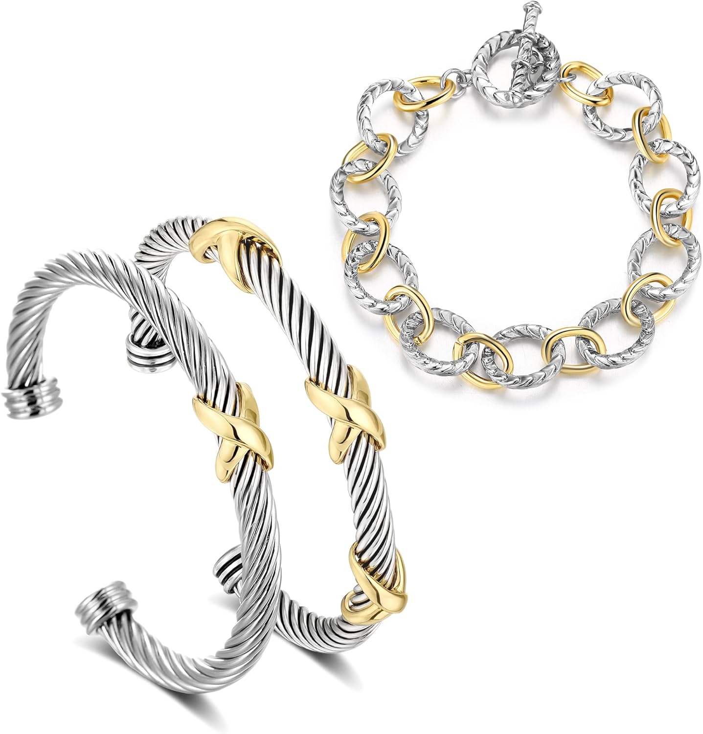 3PCS Twisted Cable Bracelet and Chain Trendy Cuff Bracelet Link Designer Dupes Adjustable Bangle Set Jewelry for Women for Her (Two Cuff and Chian B)