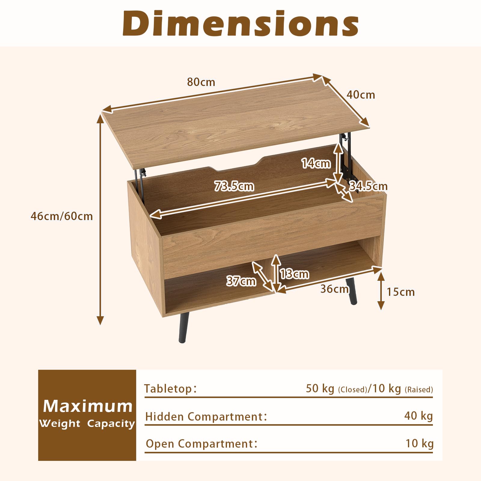 GIANTEX Tavolino da caffè con piano regolabile in altezza, tavolino da caffè con vano portaoggetti e 2 ripiani aperti, allungabile, con sollevatore a molla, tavolino da tè moderno, 80 x 40 x 46/60 cm