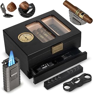 Cigar Humidor, Glass Top Cedar Wood Cedar Humidor Box, Cigar Case for 20-35 Cigars with Hygrometer, Cigar Lighter and Cigar V-Cutter, Desktop Humidor, Gift for Humidor Cigar Box for Men