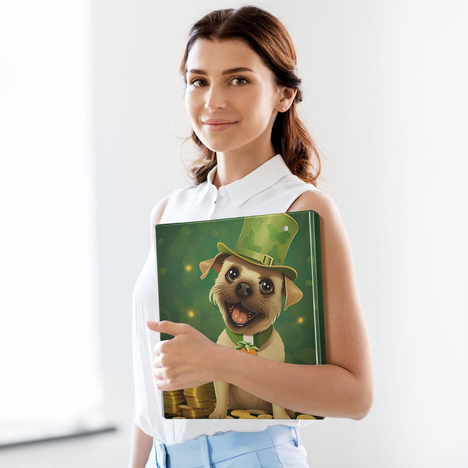St. Patrick's Day Cute Dog 3 Ring Binders, 1.5” Round Ring Binders with Clipboard - Letter Size, 3 Interior PVC Clear Pockets & Anti-Slip Clip for Office School Supplies, 2PCS