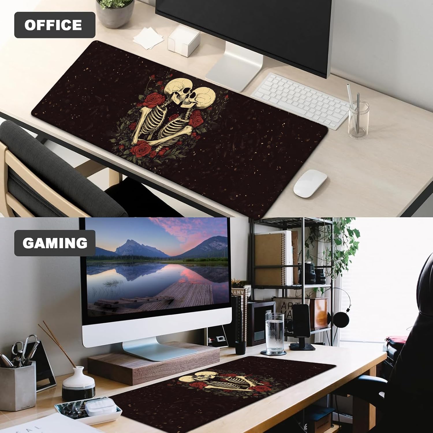 Skull Skeleton and Rose Gaming Mouse Pad,12x31.5in Non-Slip Rubber Gothic Romantic Dark Desk Mat,Large Extended Horror Mousepad for Office Home Laptop,Mice Pads Gifts,Game Lover Deskmat Decor