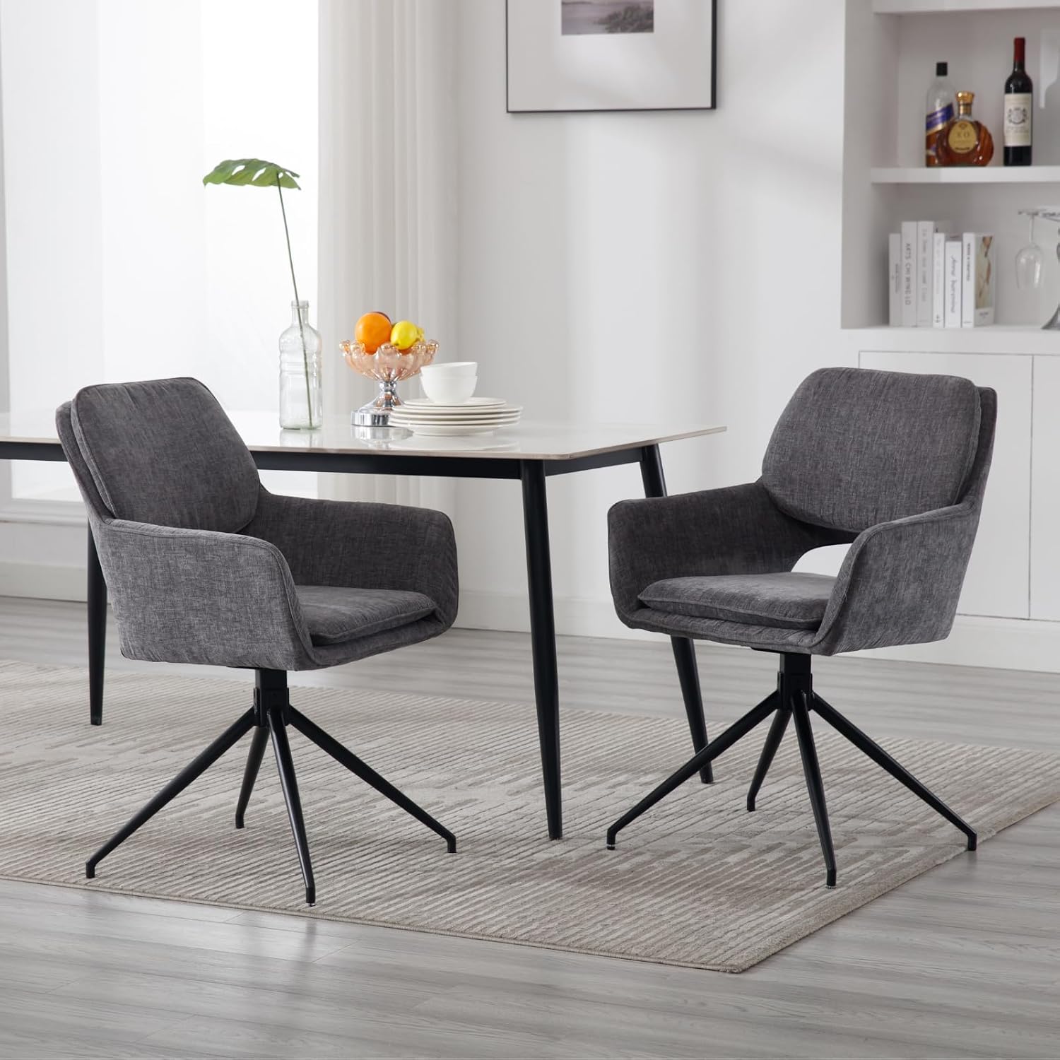 Swivel Dining Room Chairs Set of 2 Swivel Chair Kitchen Chair Grey Chenille Upholstered Kitchen Chairs Armless Chair Upholstered Chair with Wooden Legs Accent Chairs for Dining Living Room