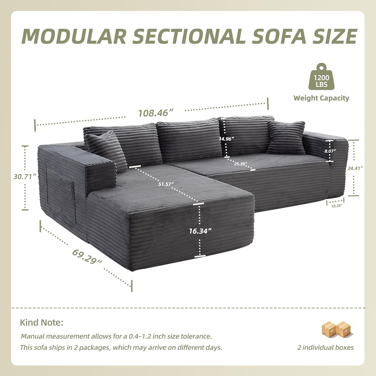 108" Modular Cloud Sofa Set - L-Shaped Boneless Design with Memory Foam, Velour Corduroy Fabric & Right Chaise Lounge, Grey