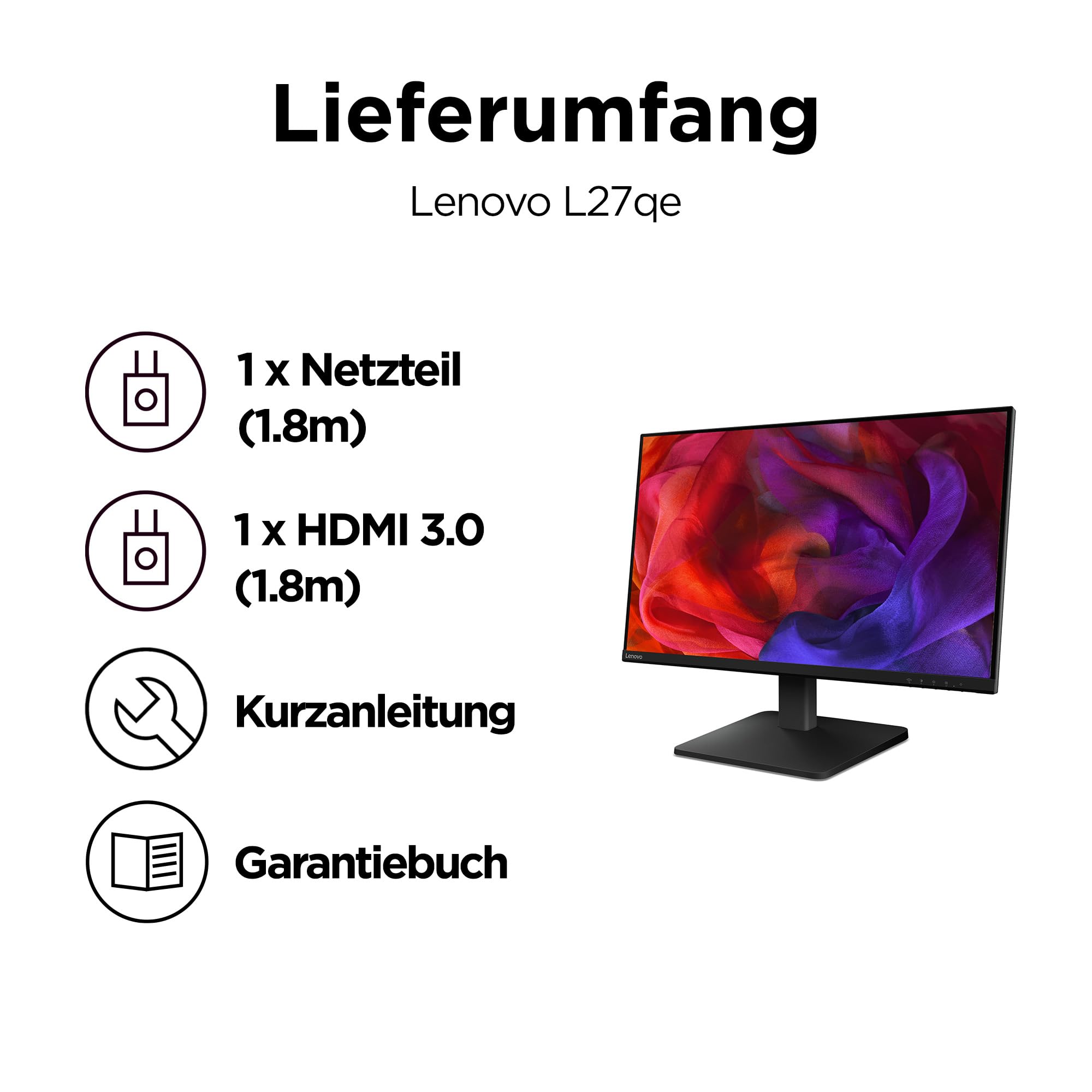 Lenovo L27qe 27" QHD WLED Monitor 2560x1440 100 Hz IPS HDMI DisplayPort TÜV Eye Comfort