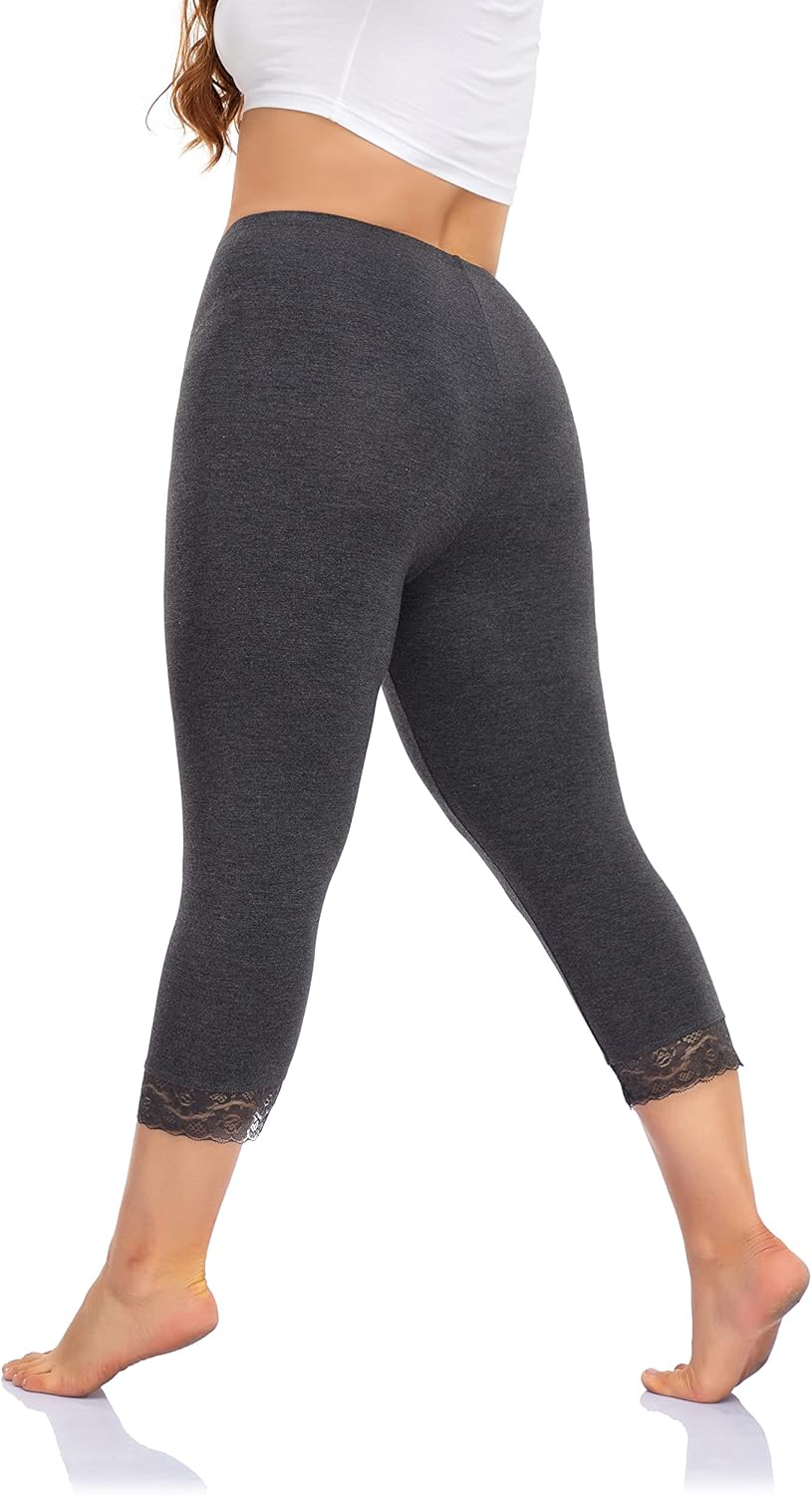 Plus Size Capris Leggings for Women，Lace Trim Stretch Crop Leggings Workout Casual Tights Pants - Image 5