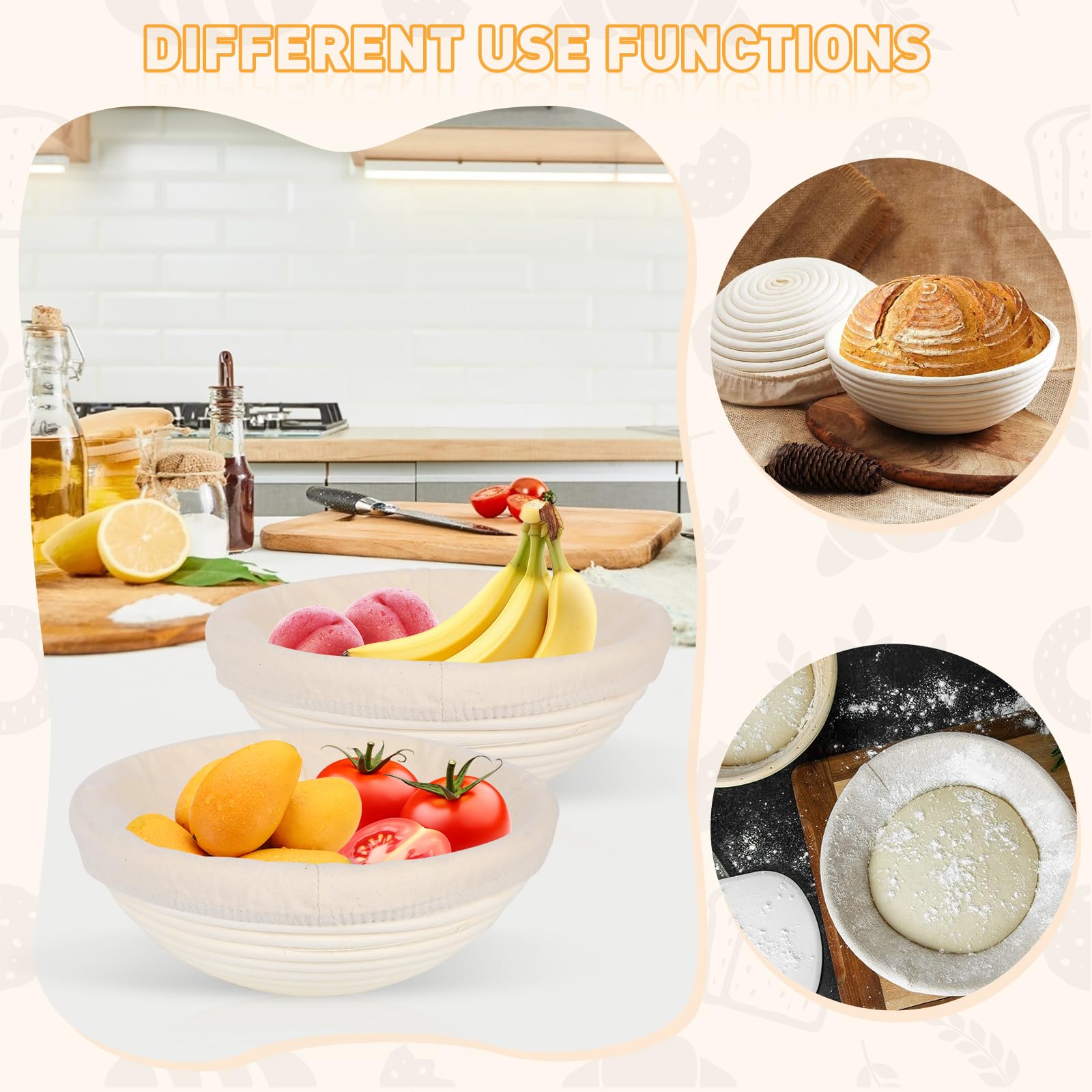 Banneton Brotgärkorb, Brotgärkörbe, ovaler Sauerteig-Banneton-Korb, Sauerteig-Gärkörbchen mit Tuch für Backen, Gärung, Lebensmittelaufbewahrungswerkzeuge (rund, 21,6 cm)