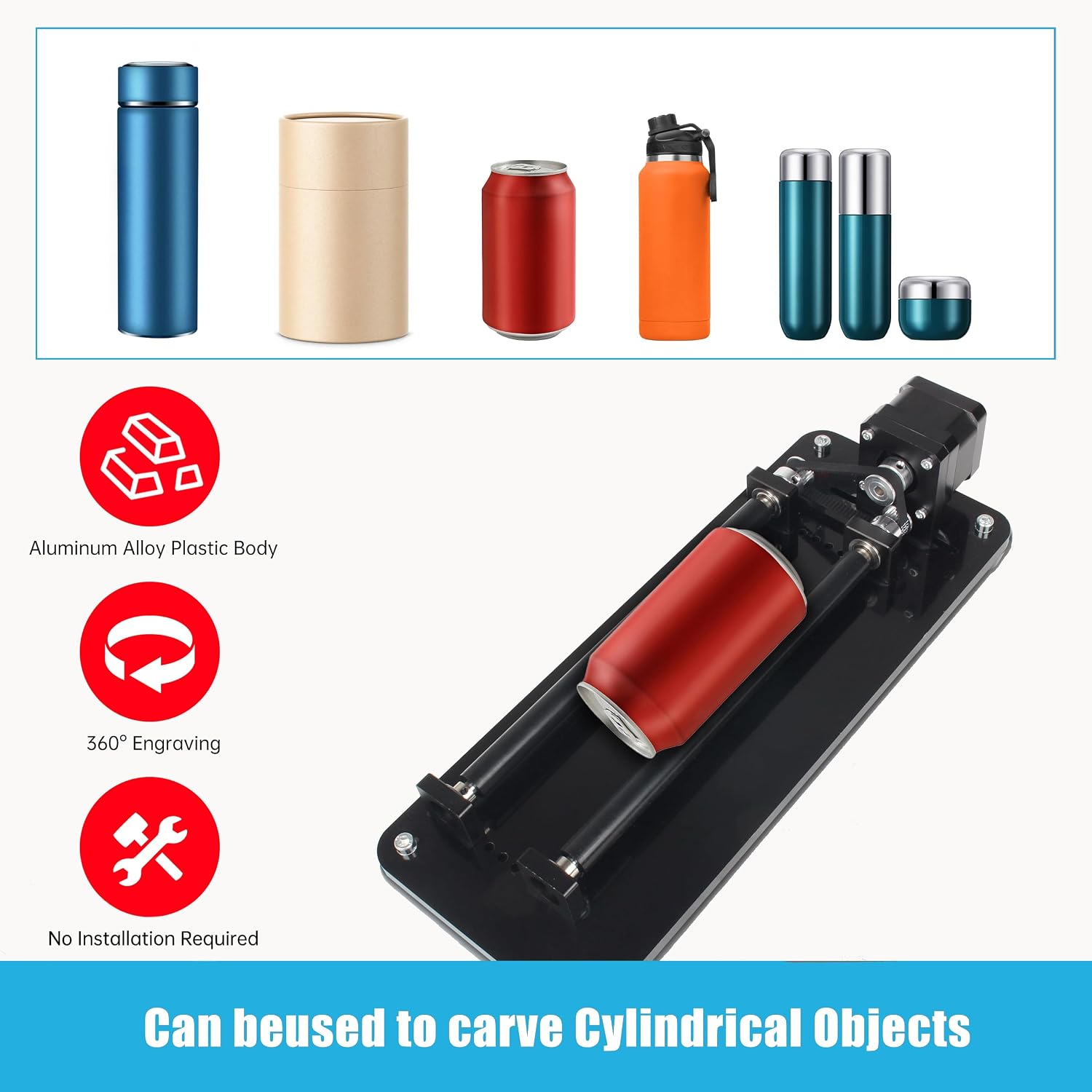 Laser Engraver Rotary Roller 360° Y-Axis Rotray Attachment for Cylindrical Objects,Adjustable Rotray Axis Kit for Tumblers,Cans,Wine Bottles, Pens, Compatible with Most Desktop Laser Engraving Machine
