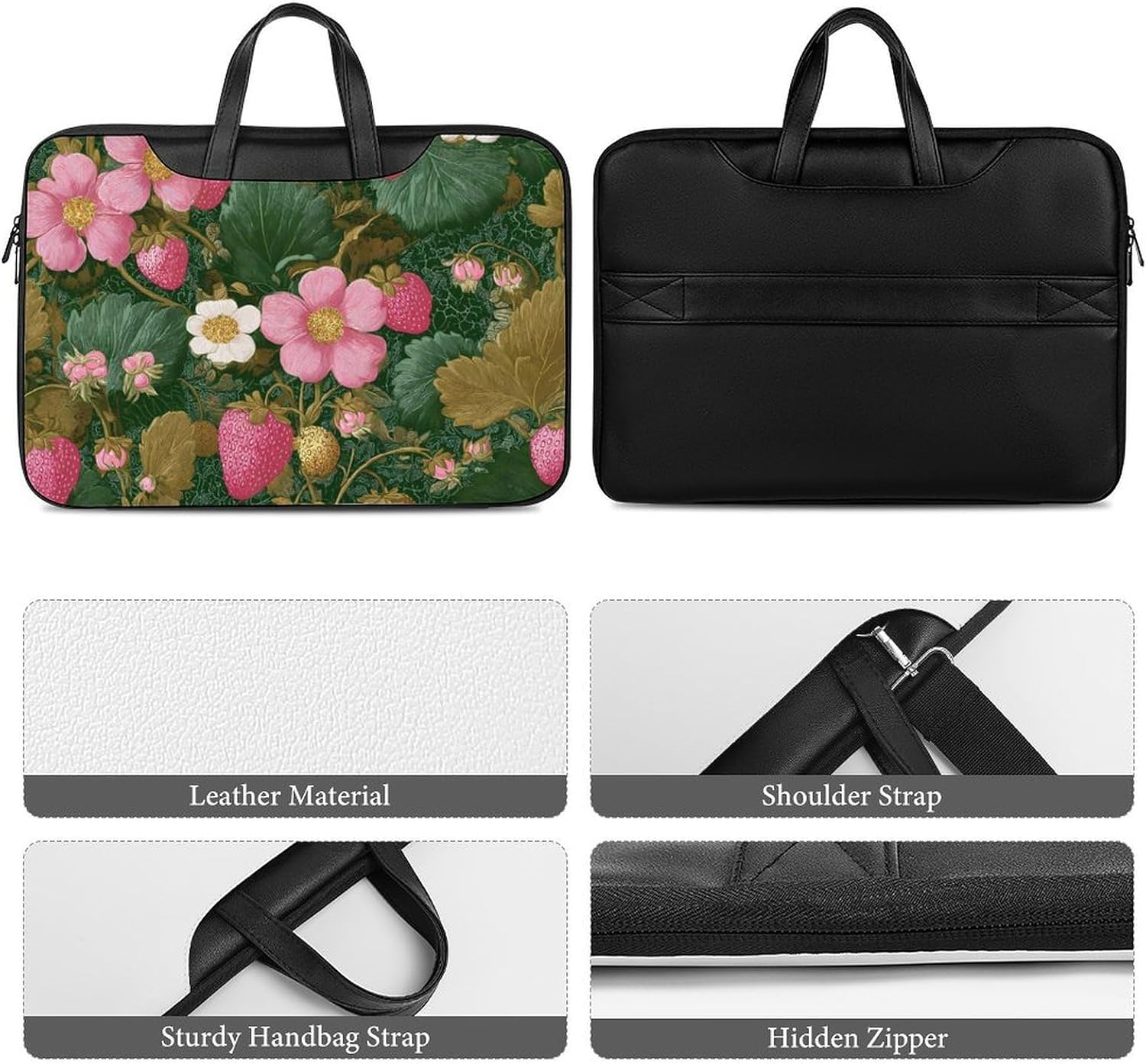 Vintage Strawberry Florals 70s Leather Laptop Bag Handheld Slim Computer Bags Business Briefcase