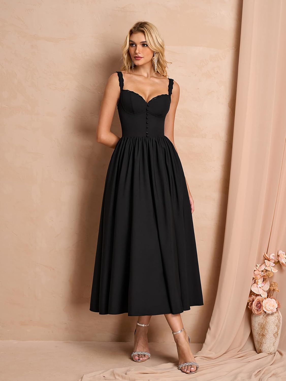 Summer Corset Midi Dress Formal Flowy A Line Lace Spaghetti Strap Wedding Guest Dresses for Women Sundress with Pockets - Image 5