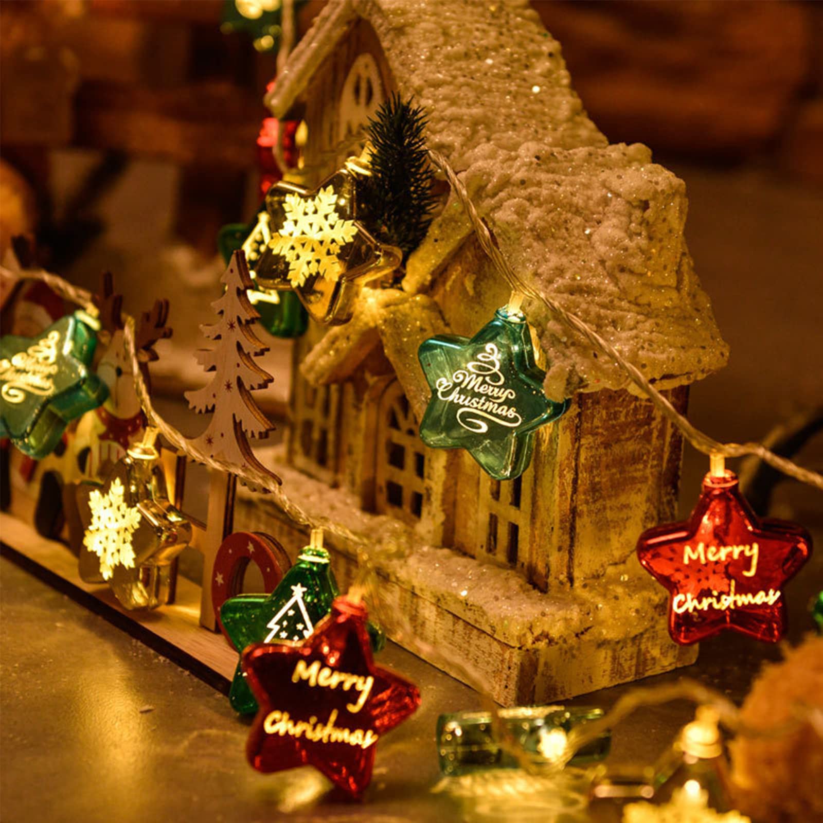Fairy String Lights Battery Operated LED, with Christmas Baubles, LED Fairy String Lights Battery Operated, Christmas Decorations Light Up Warm Xmas Garland Festoon Rattan Pre Lit (1.5m, Star)