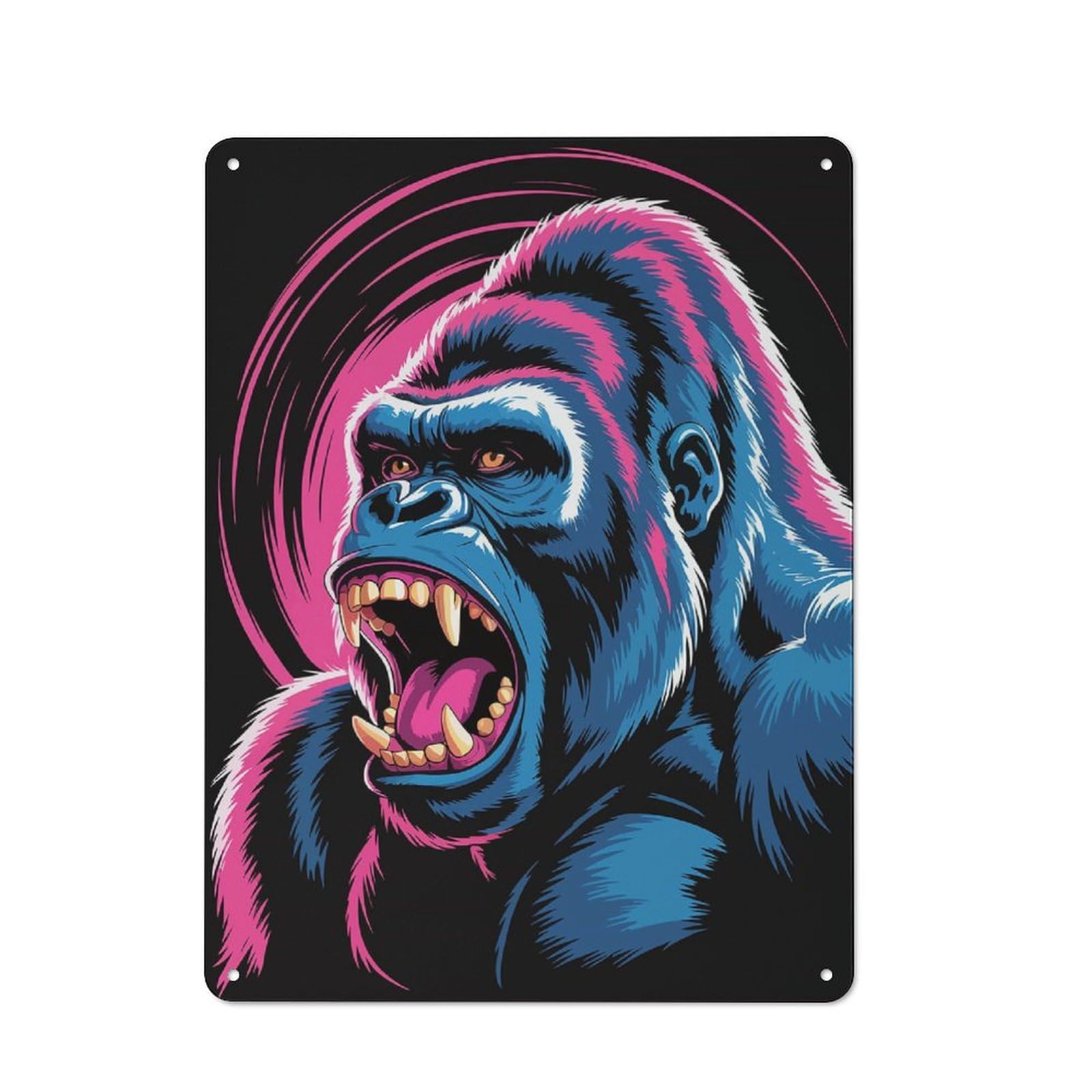 Roaring Gorilla with Pink Accents Workshop Style Metal Wall Decor 40x30cm, Decorative Metal Plaque for Garage, Workshop, Shed Or Utility Room