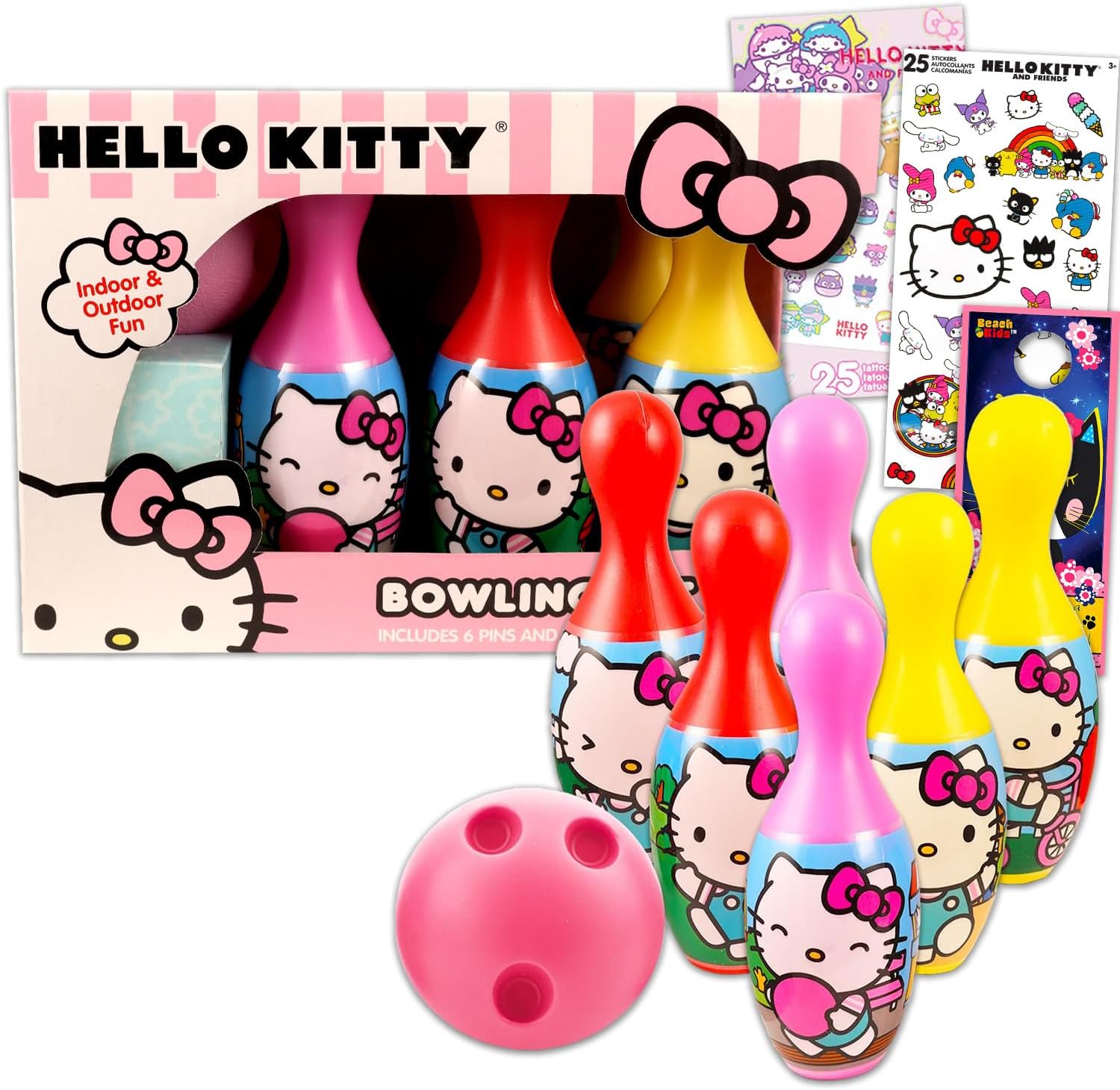 Hello Kitty Bowling Games Activities Bundle for Toddlers, Kids - 4 Pc Hello Kitty Bowling Set with Stickers, Tattoos, and More | Hello Kitty Playset