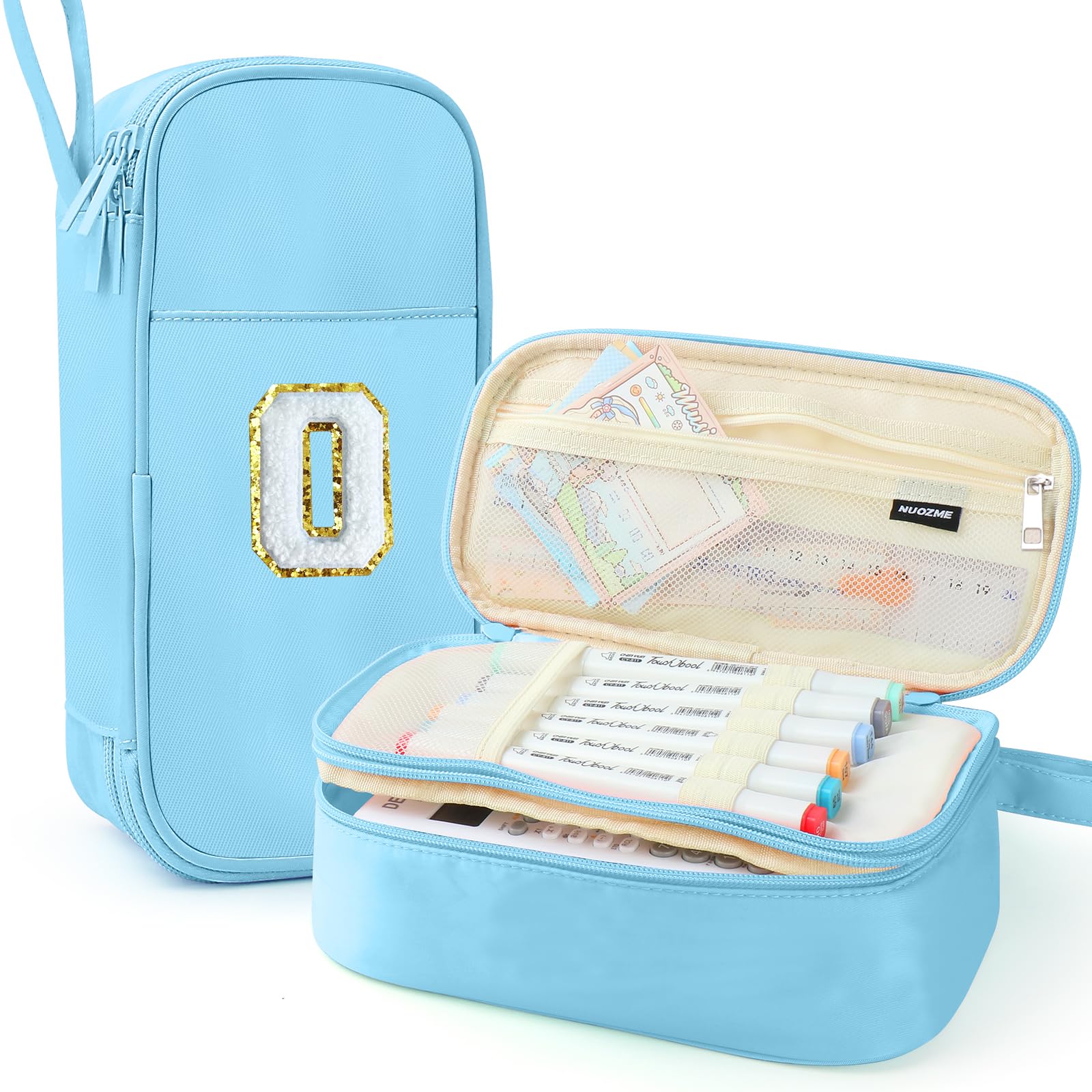 Nuozme Large Pencil Case, Large Capacity, Personalized Initial Pencil Case with Smooth Zipper, Multiple Pockets, Cute Cosmetic Bag and Stationery for, Blue, O, Cute and Stylish