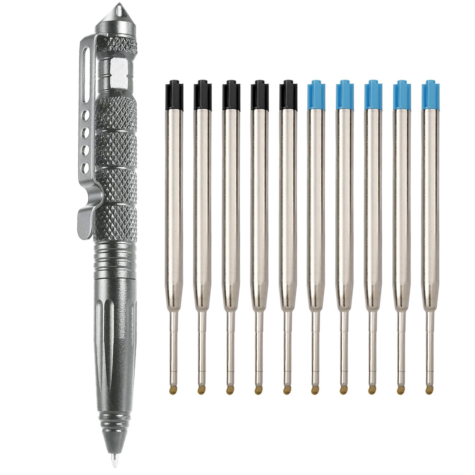 Bolígrafo Táctico, Bolígrafo Autodefensa Multifuncional Aluminio Portátil con Carburo Rompecristales con 5 recambios negros y 5 azules Camping Supervivencia Emergencia Mujeres Hombres (Gris)