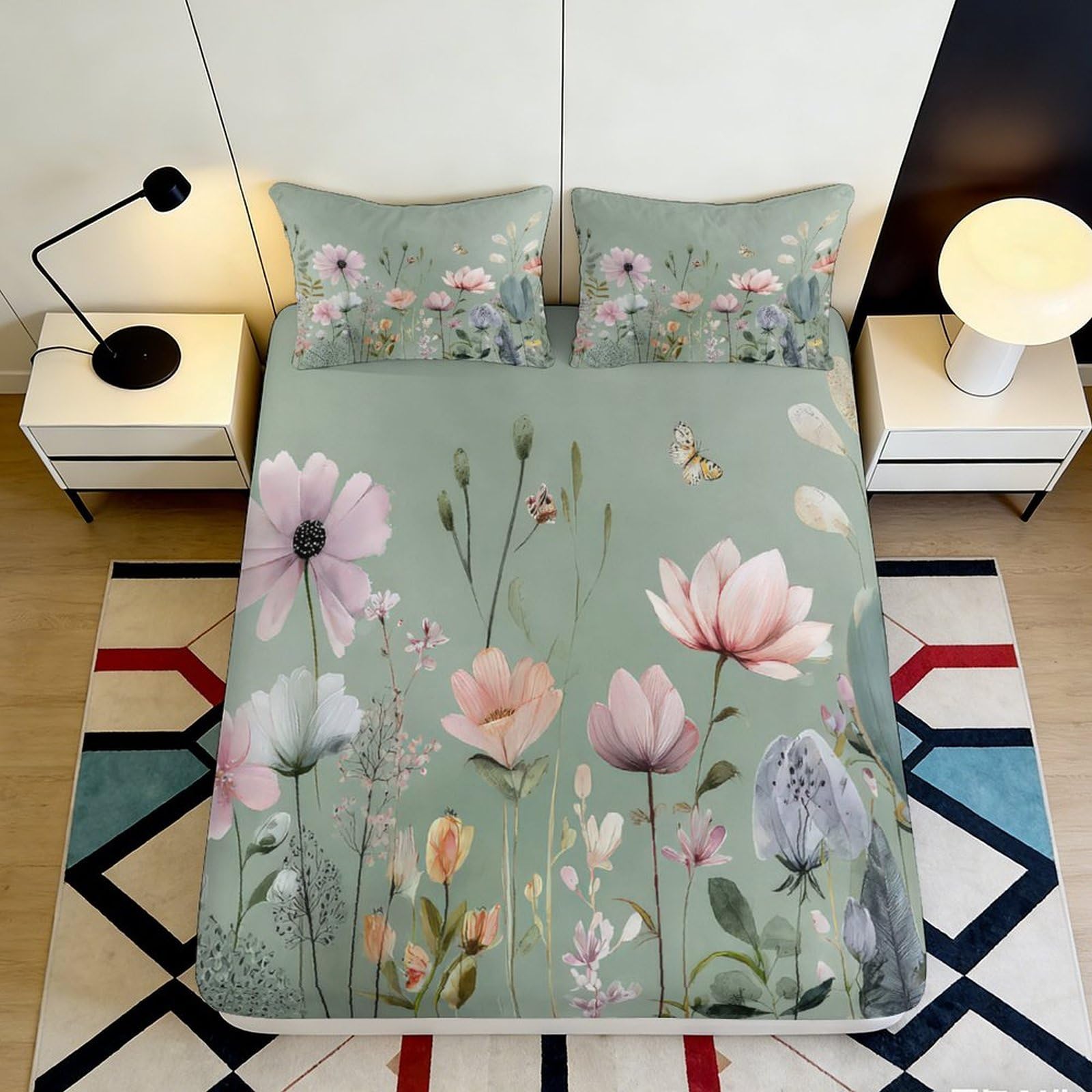 3D Printed Pastel Floral Fitted Sheet Microfiber Soft Botanical Blossom Mattress Cover for Bedroom Guest Room Home Decor 90x200x25cm