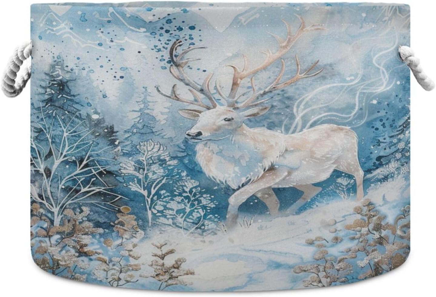 senya Winter Basket Storage, Winter White Reindeer Snow Storage Bin Box Laundry Hamper Organizer Bag with Handles for Clothes