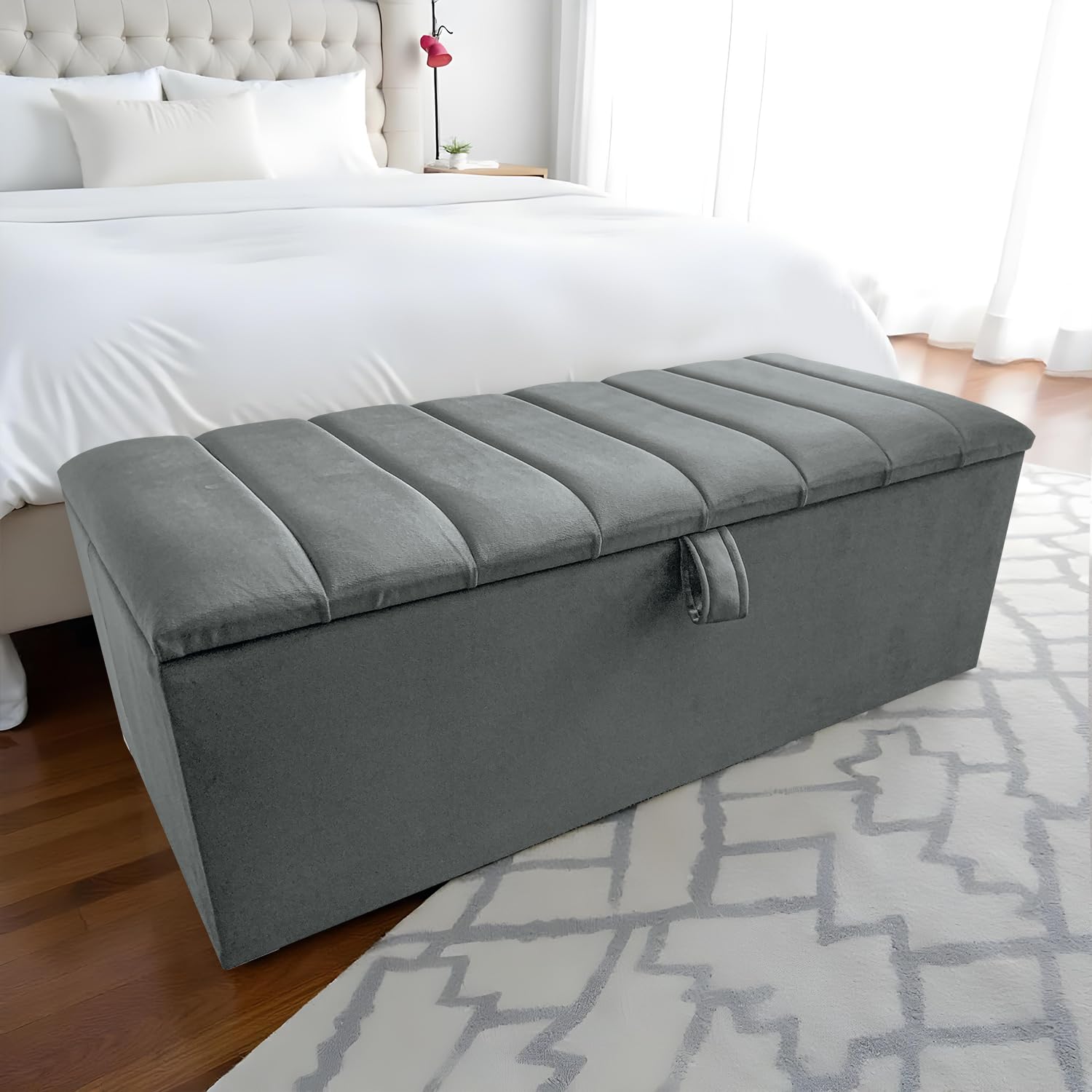 Harveys Living 102cm Panel Velvet Storage Ottoman, Steel, Floor Standing