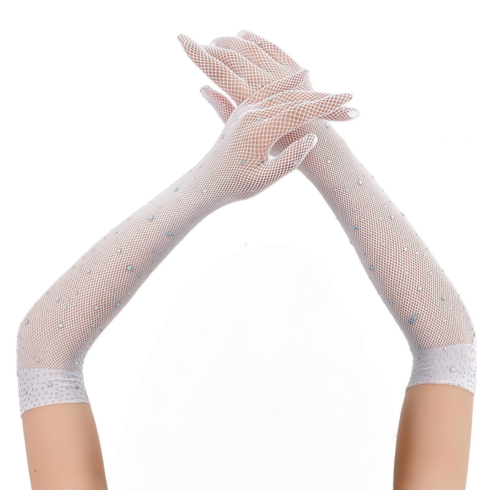 DUOYIJIN Long Fishnet Gloves with Rhinestones Sparkly Glitter Fish Net Gloves for 80s Fancy Dress Evening Party Costume Halloween Cosplay Accessories for Women, White