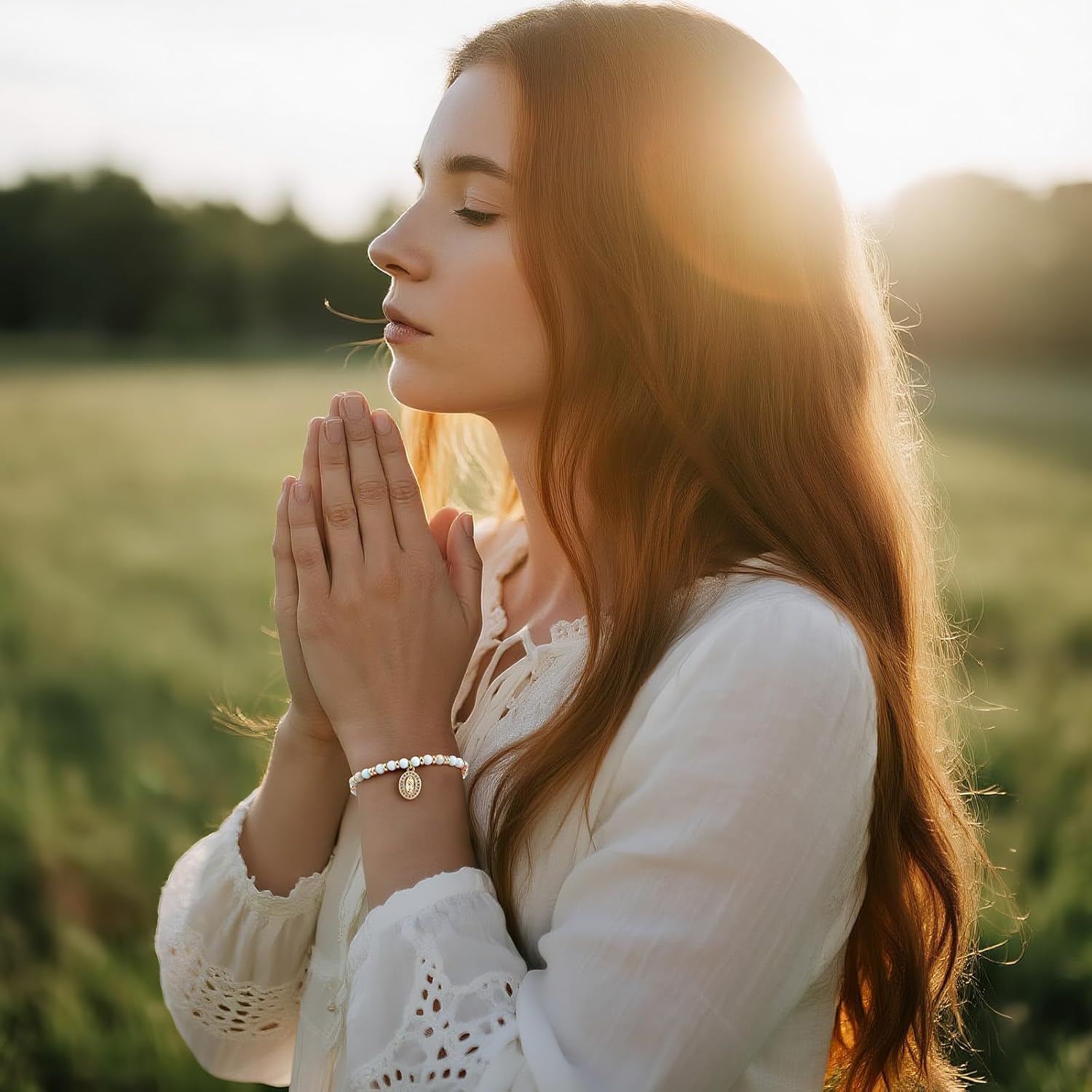 Women's Gold Virgin Mary Bracelet - 14K Gold Plated Religious Cross Bracelet,Dainty Golden Catholic Virgen De Guadalupe Cross Beaded Jewelry,Faith Confirmation Baptism First Communion Gifts for Women - Image 6