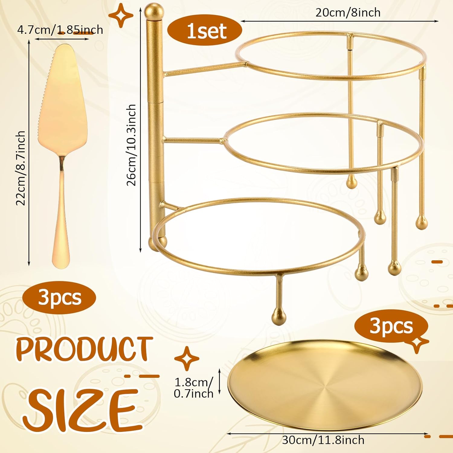 7 Pcs Pizza Pan Riser Stands Sets Includes 1 Pcs Tiered Tray Stand 3 Stainless Steel Pizza Pan and 3 Wood Handle Knife for Home, Restaurant Party (Elegant Style,Gold)
