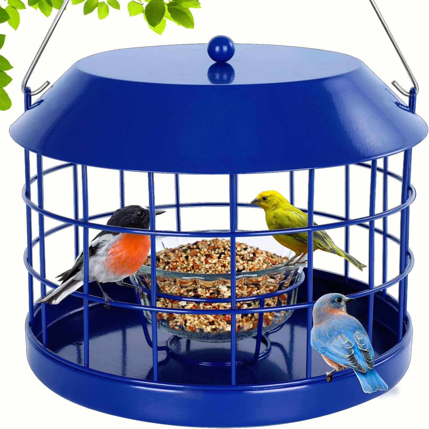 Caged Bluebird Feeder for Mealworms with Glass Bowl, Squirrel Proof Bird Feeder for Small Birds Only, Detachable Hook, Large Space, Outdoors Weatherproof, Metal, Blue