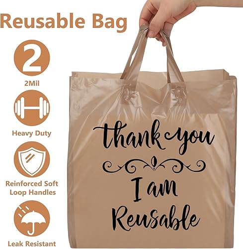 Miniatura 4 de 500 bolsas de compras con asas de 12 x 6.75 x 14 pulgadas, bolsas de plástico reutilizables de color marrón a granel de 2 mil, bolsa de regalo de
