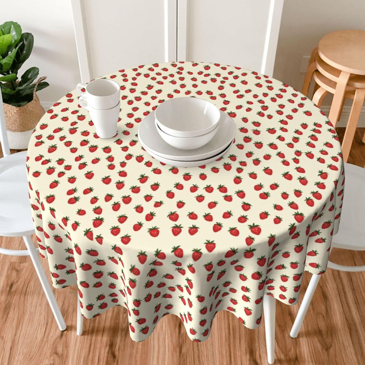 Famame Cute Pattern Strawberry Round Tablecloth 60 inch Table Covers Stain Winkle Resistant Washable Tablecloths for Kitchen Indoor Outdoor Party
