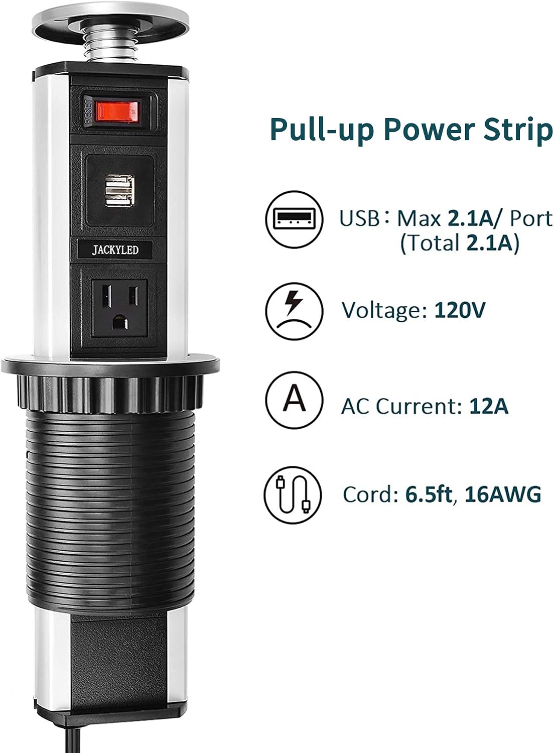 Pulling Up Power Socket Outlet with 2 USB JACKYLED Retractable Hidden Recessed Power Strip 3 AC Outlets 6.5FT Extension Cord for Office Desk Conference Room Kitchen Counter Island