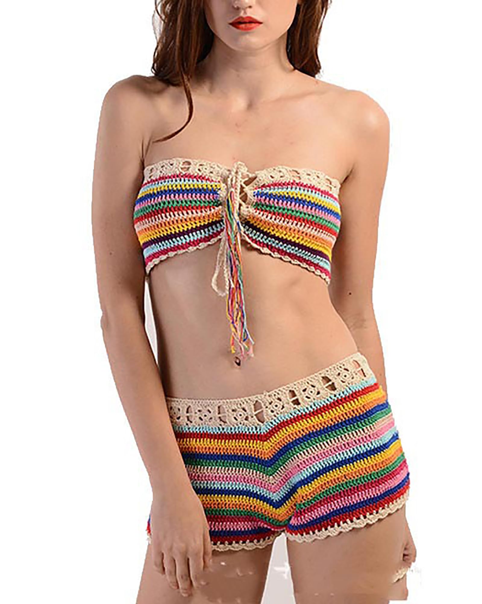 BAIMORE Women's 2 Piece Swimsuit Rainbow Crochet Knit Bohemian Bra and Mini Shorts Bikini Set