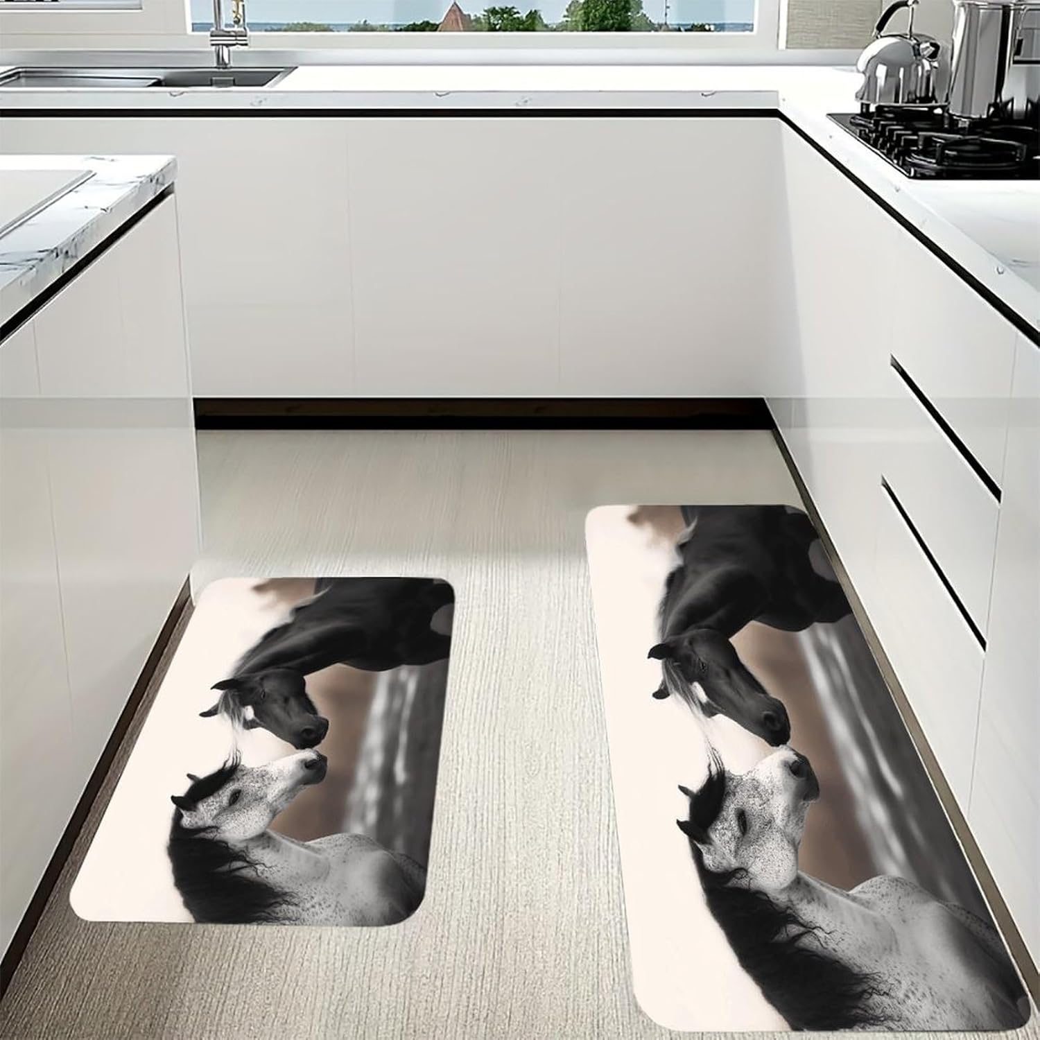 Black and White Horses Kitchen Mat Washable Non Slip Rugs Soft Kitchen Mats for Floor Set of 2 PCS Cushioned Absorbent Runner Standing Rugs for Home Sink Laundry Office
