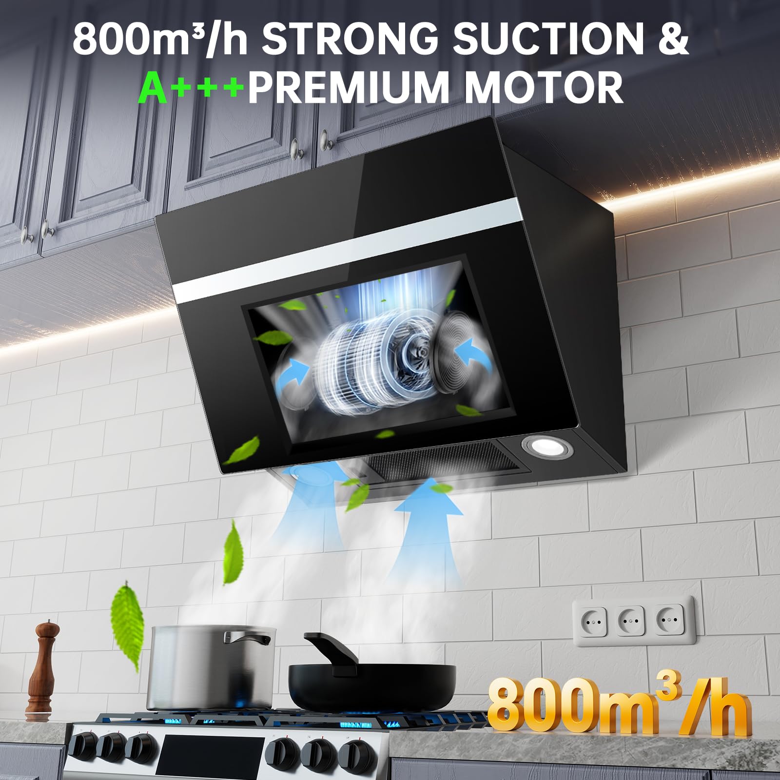 TopStrong Cooker Hood 60cm, 800 m³/h Kitchen Extractor Fan with Carbon Filters, Class A+++ Wall Mounted Extractor Hood with Recirculating & Ducting System, Touch and Gesture Control, 3 Speed + Booster - 4