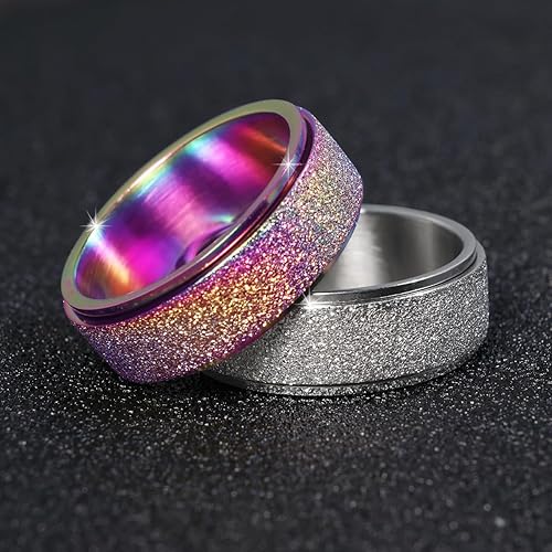 Miniatura 4 de Anillo giratorio para hombre, acero inoxidable, juguetes para ansiedad, anillo de ansiedad para mujeres y hombres, 0.315 in de ancho, arcoíris,