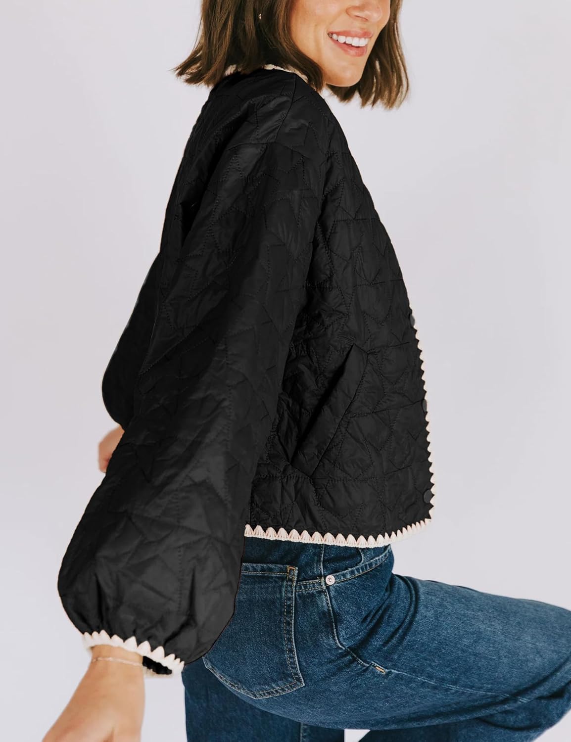 Women's Quilted Jacket Long Sleeve Cardigan Button Coat Fall Outerwear Short Lightweight Padded Coats Pockets (Black-M) - Image 4