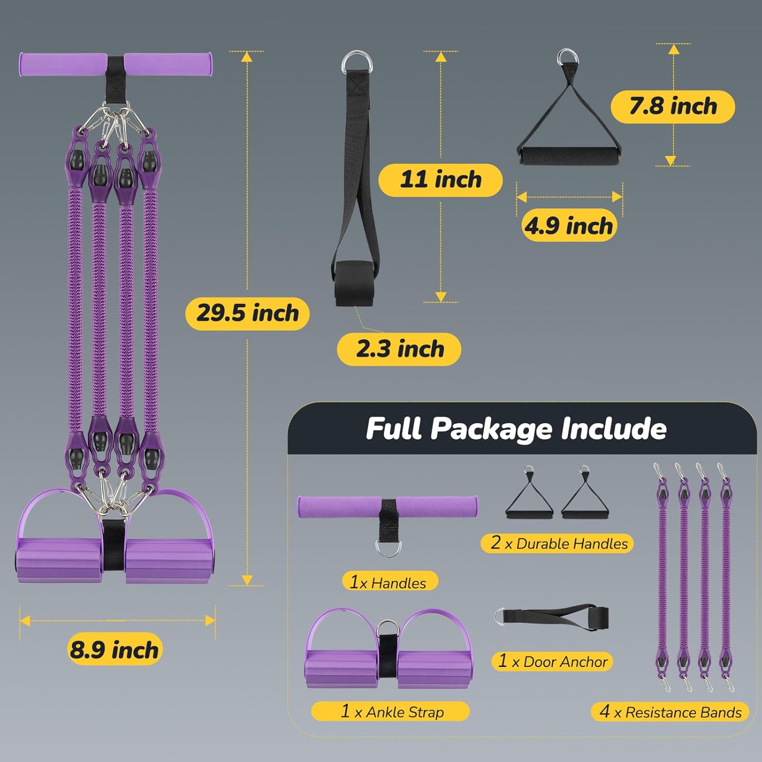 Upgrade Foot Pedal Resistance Bands with Handles, 4 Tube Adjustable Resistance Bands for Abdomen, Waist, Arm, Core/ABS, Leg Workout - Stirrup Puller for Men Women for Full Body Workout, Purple