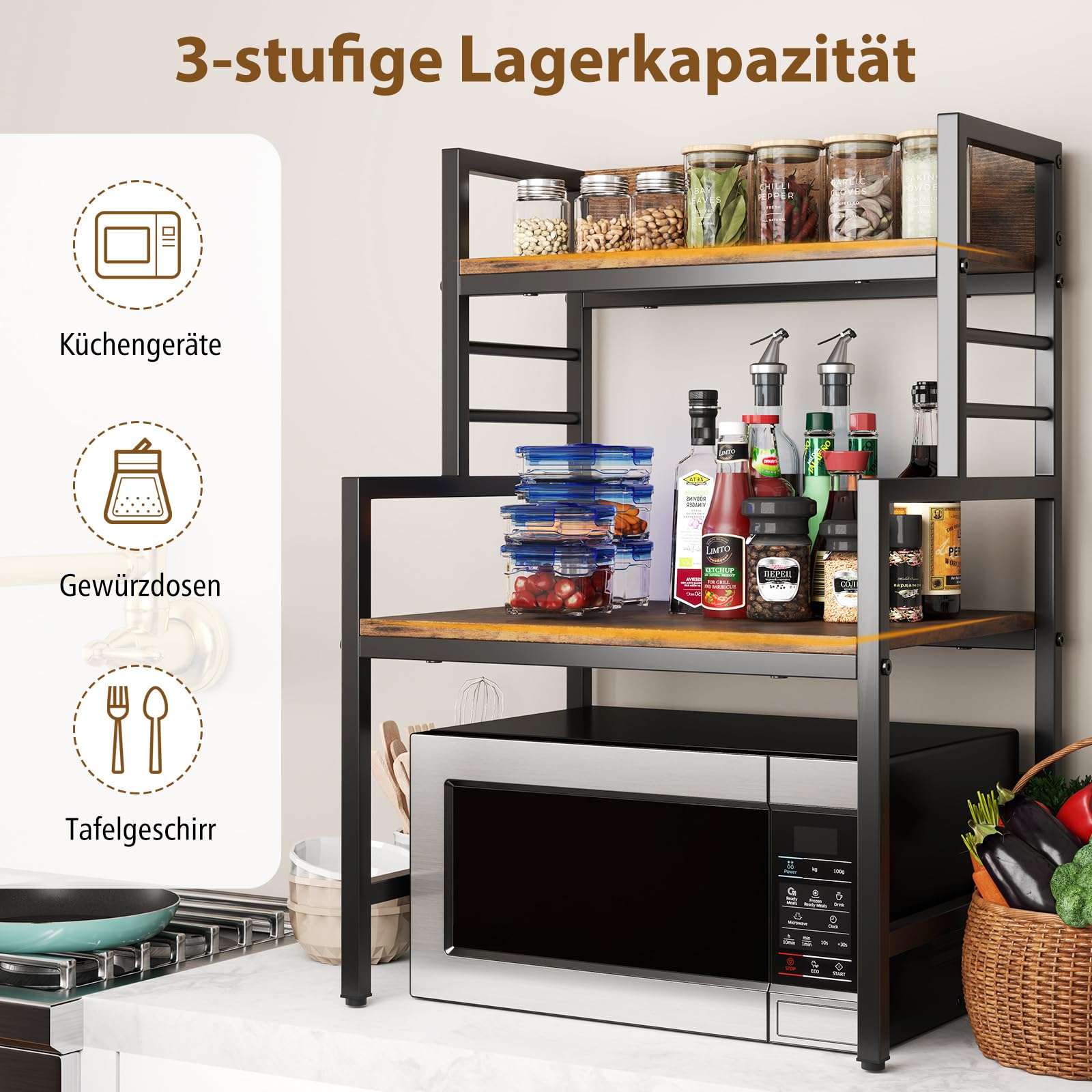 COSTWAY 3 Stufiges Mikrowellenregal, Mikrowellenständer mit 2 offenen Ablagen & Metallrahmen, Küchenregal stehend, Mikrowellenhalter industriell bis 50 kg Belastbar, 52 x 42 x 78 cm