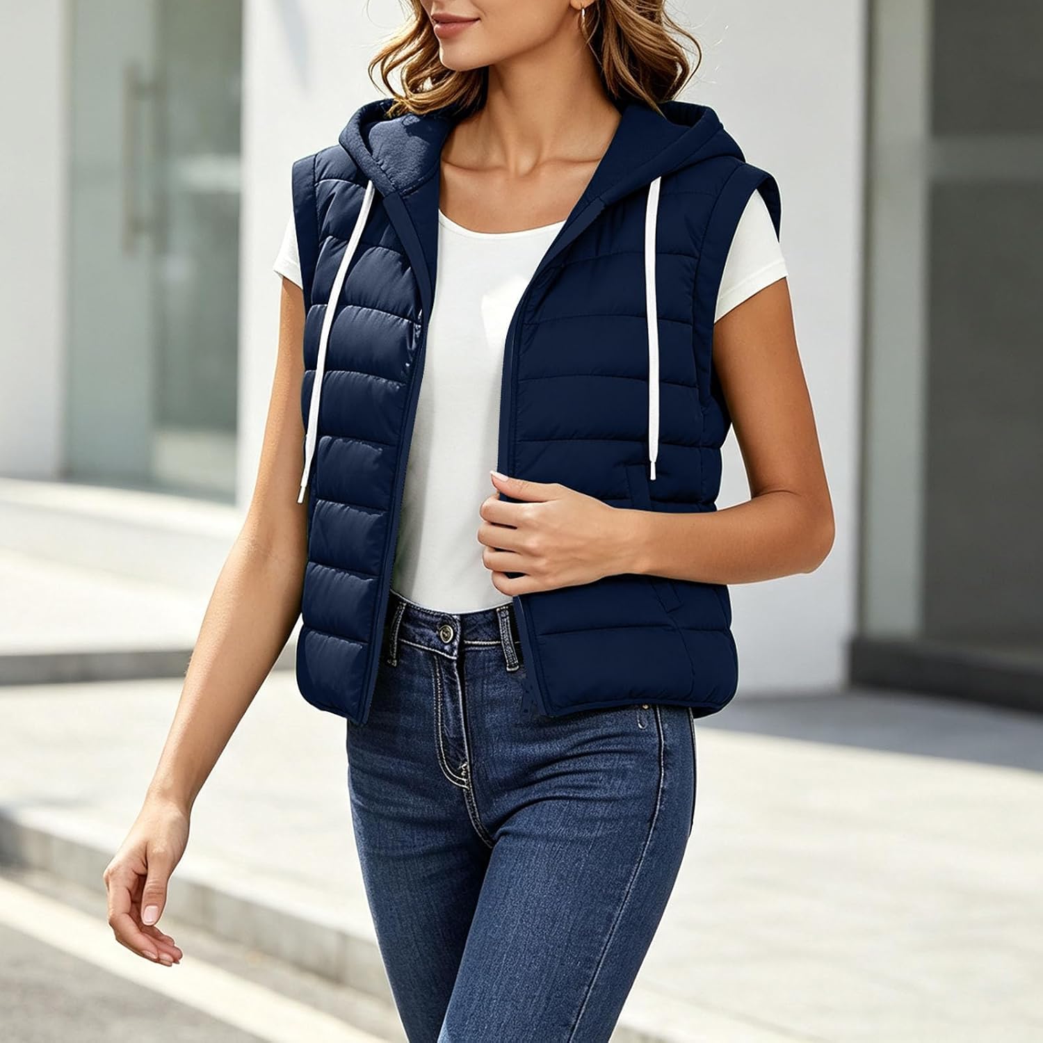 Women's Hooded Puffer Vest Zip Up Warm Drawstring Sleeveless Coat | Warm Fall Jackets Black Vest Women Soft Quilted Long Puffer Jacket Womens Gold For Yellow Plus Size Fashion Outdoor Light