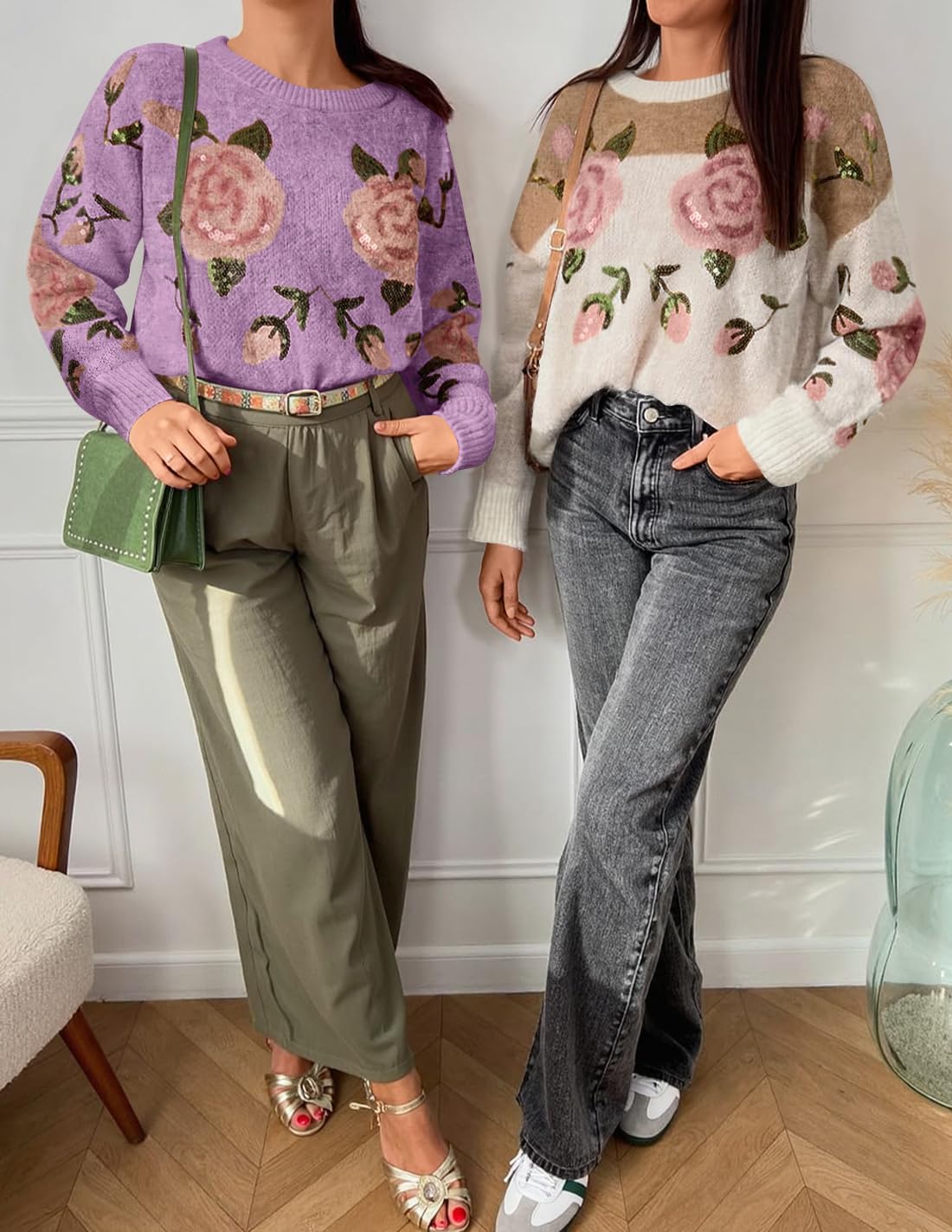 ZESICA Women's Floral Oversized Sweaters 2026 Fall Crewneck Long Sleeve Casual Chunky Knit Pullover Sweater Tops - Image 6