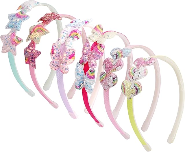 Candygirl 6pcs Glitter Headbands for Baby Girls Butterfly Girls Hair Band Sequin Star Headbands For Kids Girls Bow Alice Bands Heart Shape headbands (multicolor)