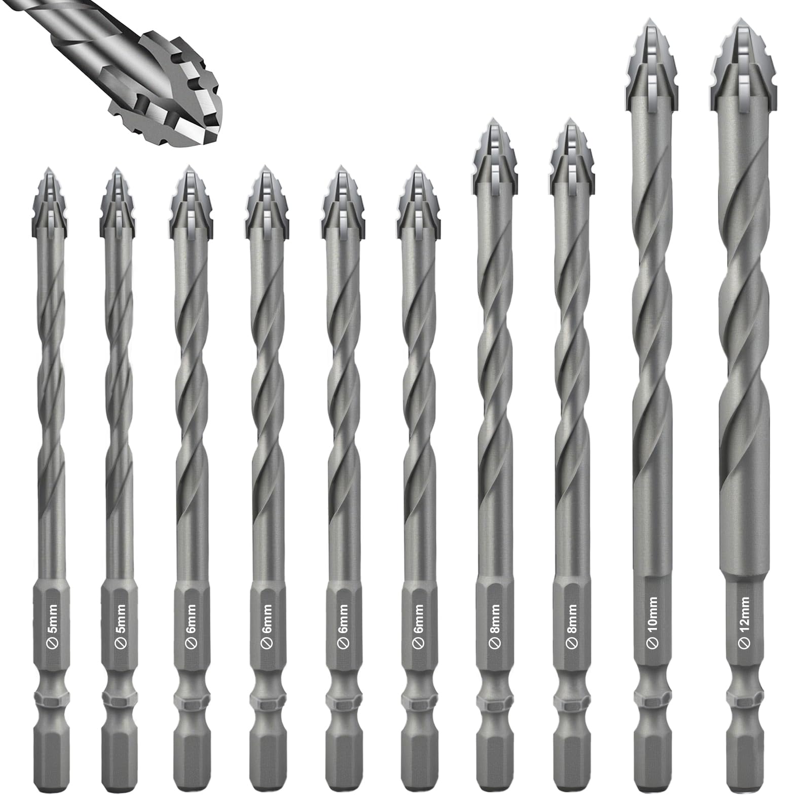 Flintronic Four-Flute Drill Bit Set, 10PCS Four Blade Serrated Eccentric Drill Bits, Masonry drill Bits with 1/4" Hex Shank