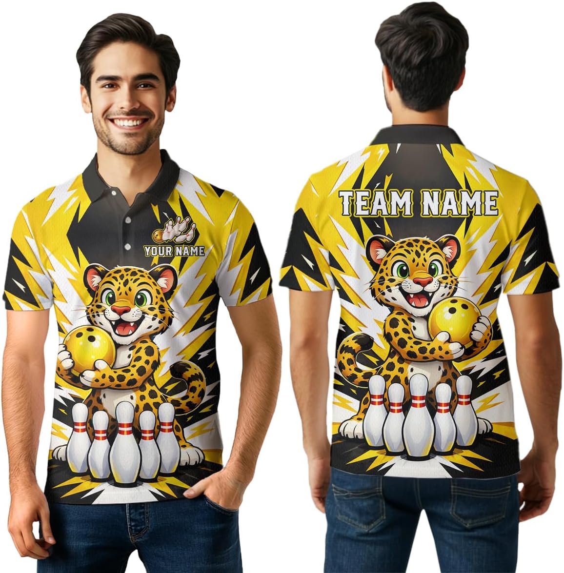 Funny Leopard Bowling Shirts for Team Men Women Leopard Bowling Jersey Yellow Bowling Polo and Bowling Zip Shirt