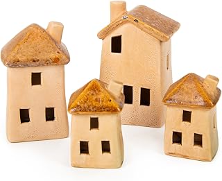 Logbuch-Verlag 4 pequeñas casas miniaturas de cerámica en color marrón como decoración para otoño y todo el año 9, 12 y 14 cm