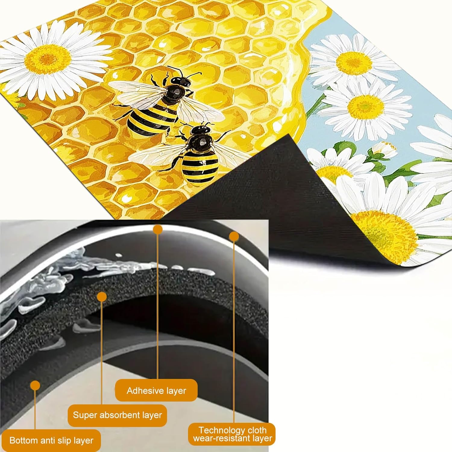 HOMETITUTE Honey Bee Stove Top Cover for Electric 28x20 Inch Kitchen Decor Glass Cooktop Protector Heat Resistant Countertop Mat with Daisy and Honeycomb Design for Farmhouse Kitchen
